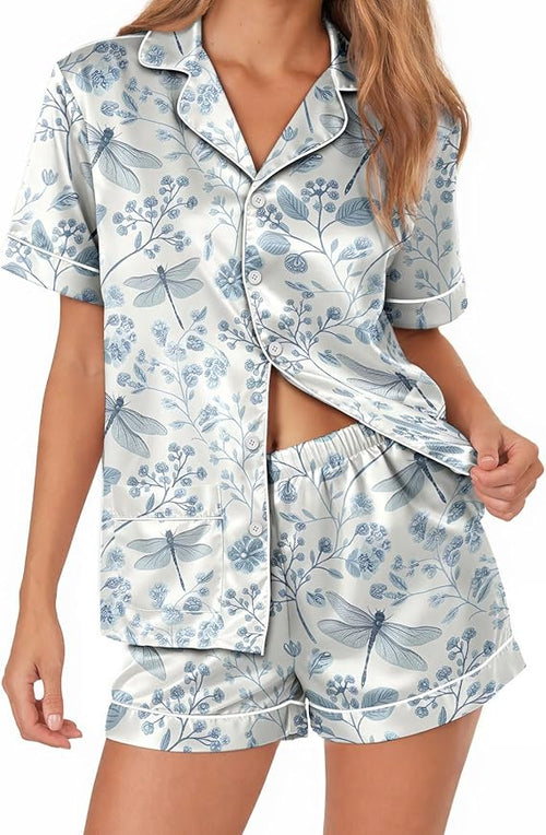Womens Satin Pajamas Set, Soft Silky Button Down Cooling Sleepwear Floral