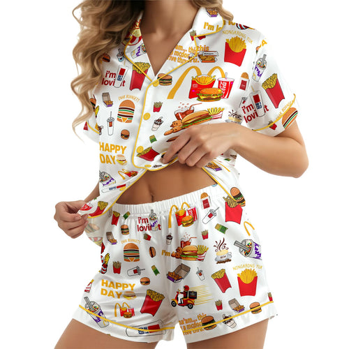 Retro Fast-Food-Inspired short satin pajamas for women