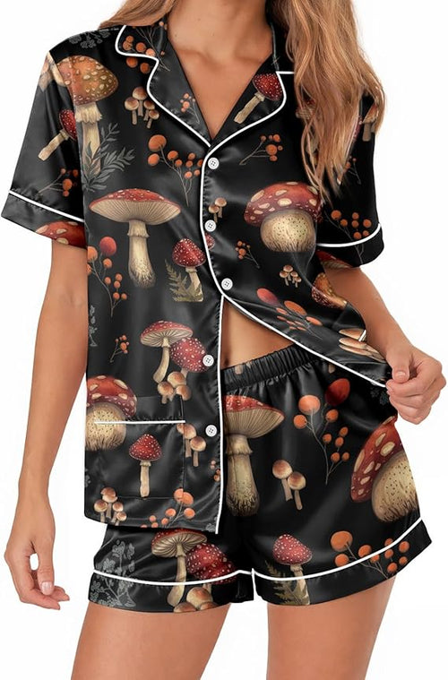 Womens Satin Pajamas Set, Soft Silky Button Down Cooling Sleepwear Mushroom