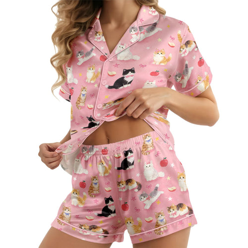 Cat short satin pajamas for women