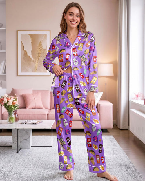 Mexican Fast Food Collage long satin pajamas for women