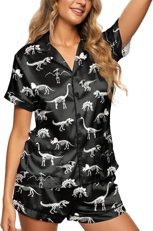 Dinosaur Satin Pajamas for Women – Short Sleeve Pajama Set