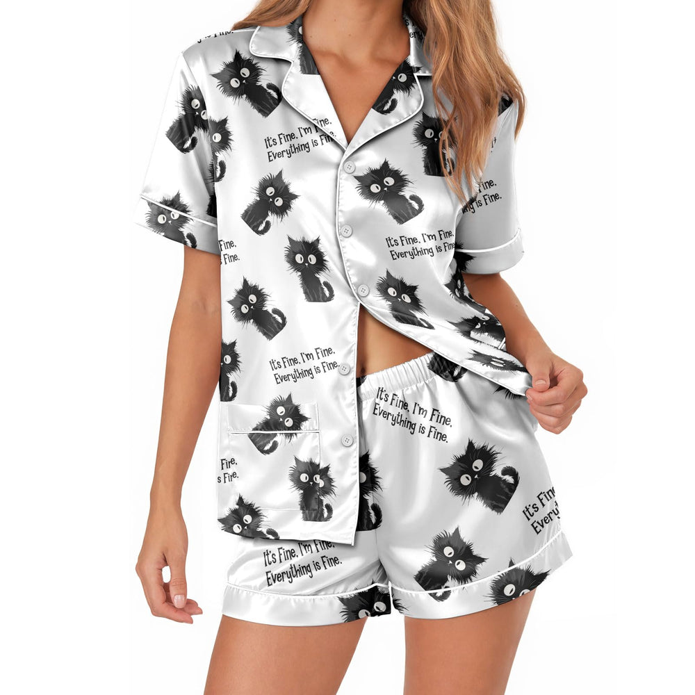 Cat Satin Pajamas for Women – Short Sleeve Pajama Set