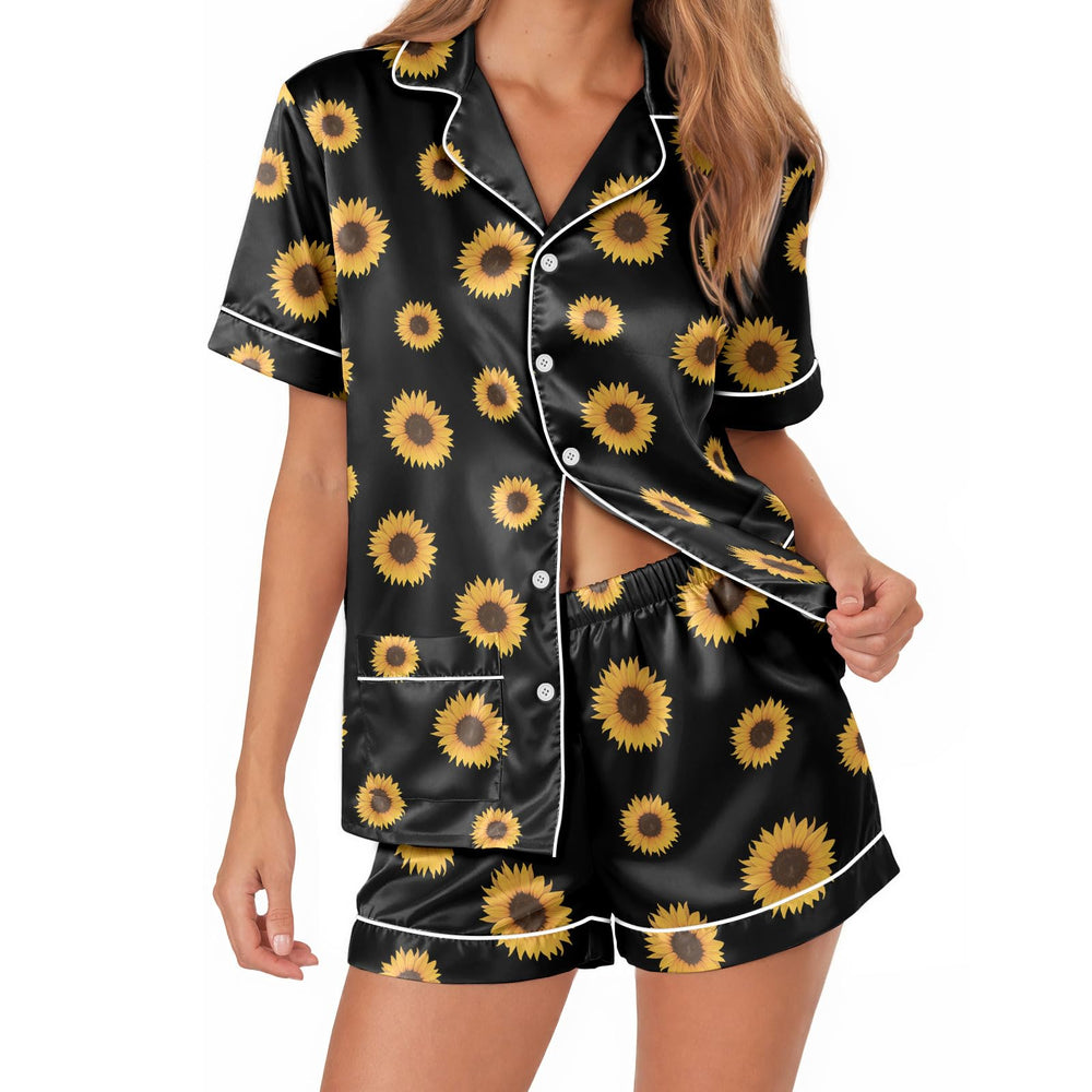 Sunflower Satin Pajamas for Women – Short Sleeve Pajama Set