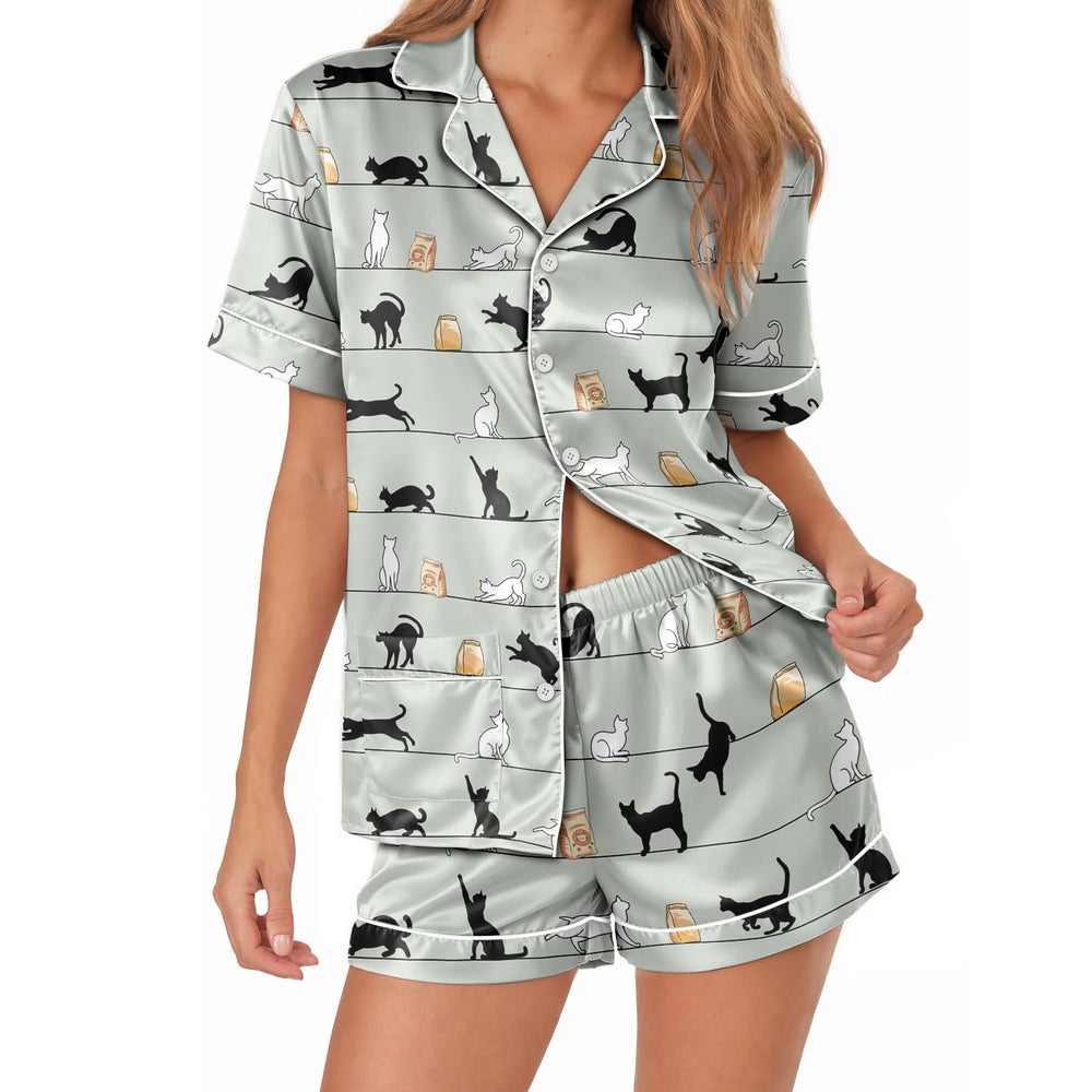 Cat Satin Pajamas for Women – Short Sleeve Pajama Set