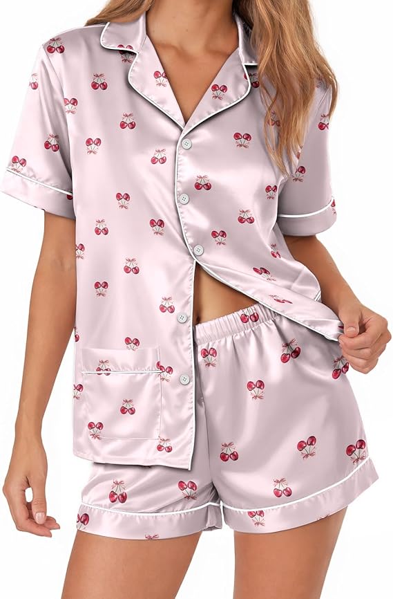 Womens Satin Pajamas Set, Soft Silky Button Down Cooling Sleepwear Cherry