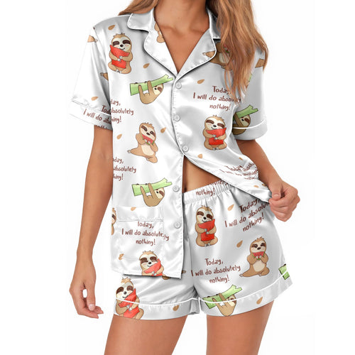 White Funny Sloth Quote short satin pajamas for women