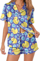 Womens Satin Pajamas Set, Soft Silky Button Down Cooling Sleepwear Rubber Duck