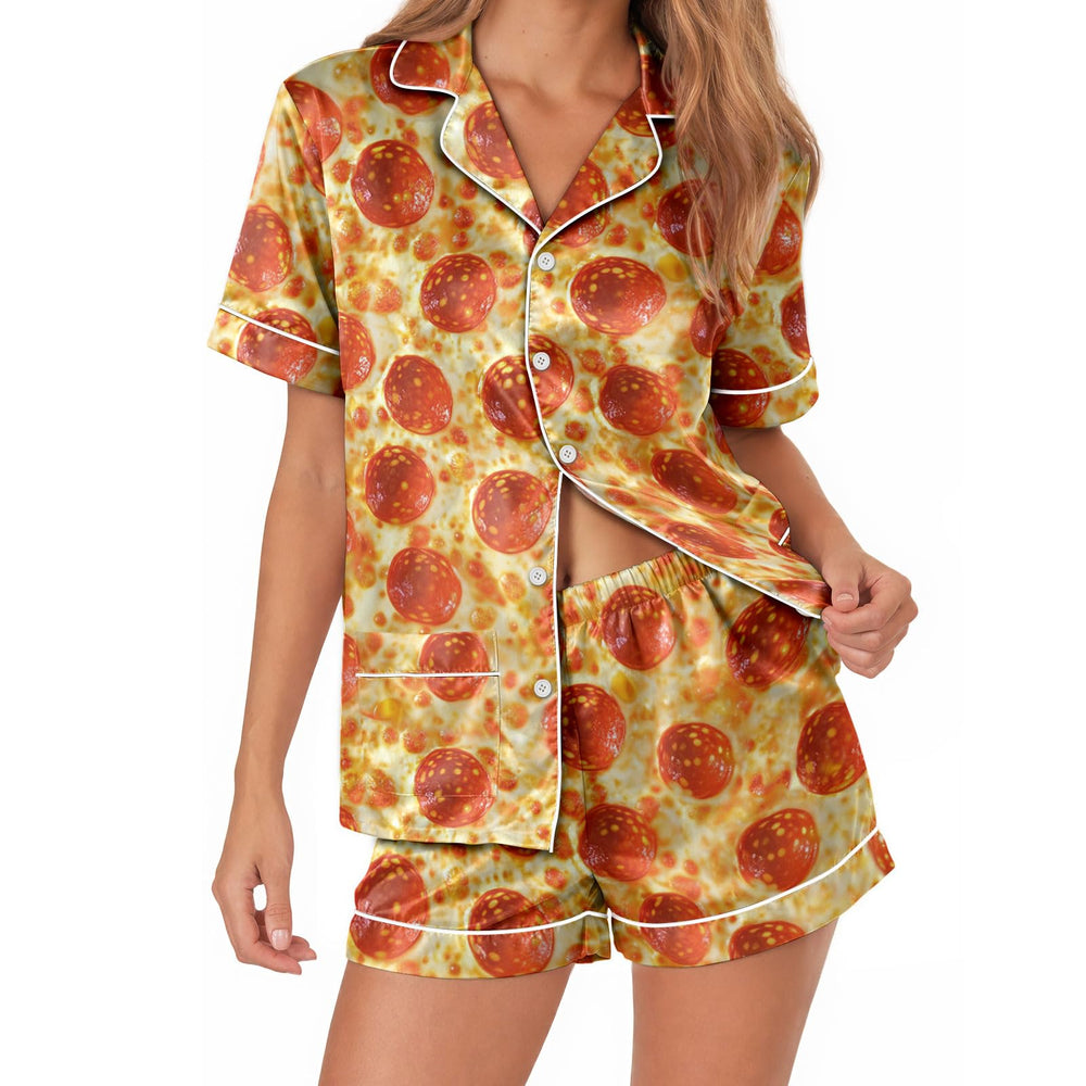 Pizza Satin Pajamas for Women – Short Sleeve Pajama Set