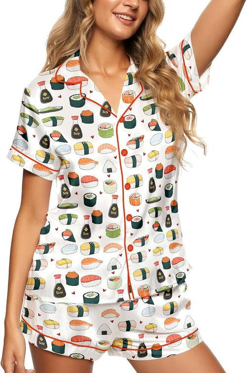 Sushi Satin Pajamas for Women – Short Sleeve Pajama Set