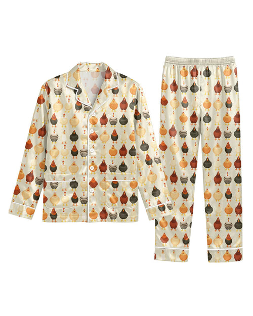 Cream Chicken & Rooster long satin pajamas for women
