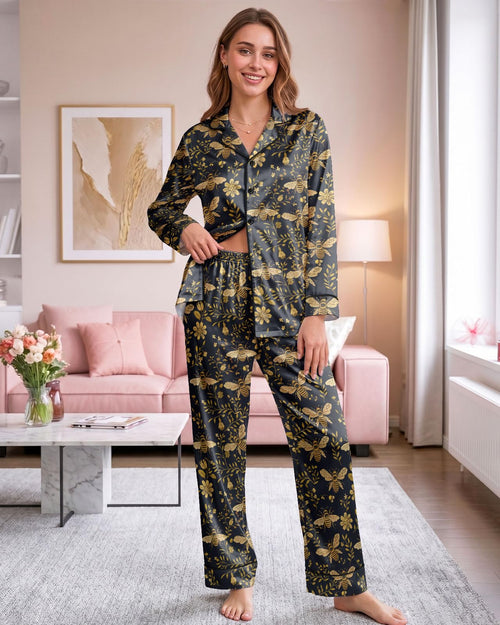 Golden Bee Garden long satin pajamas for women