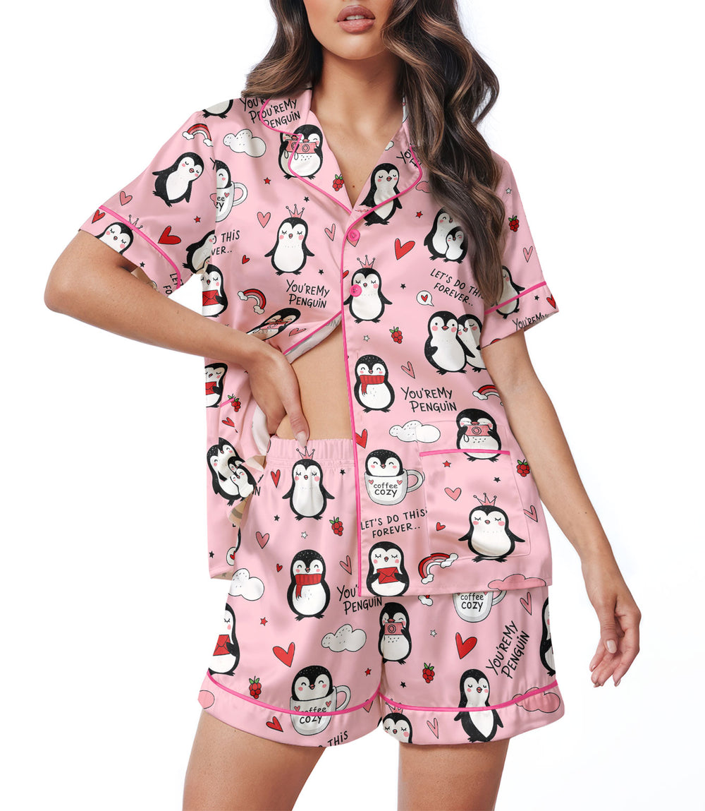 Penguin Women's Satin Pajama Set – Short Sleeve & Shorts