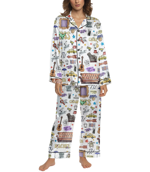 90s Sitcom Icon Collage Women’s Satin Pajama Set – Long Sleeve & Pants