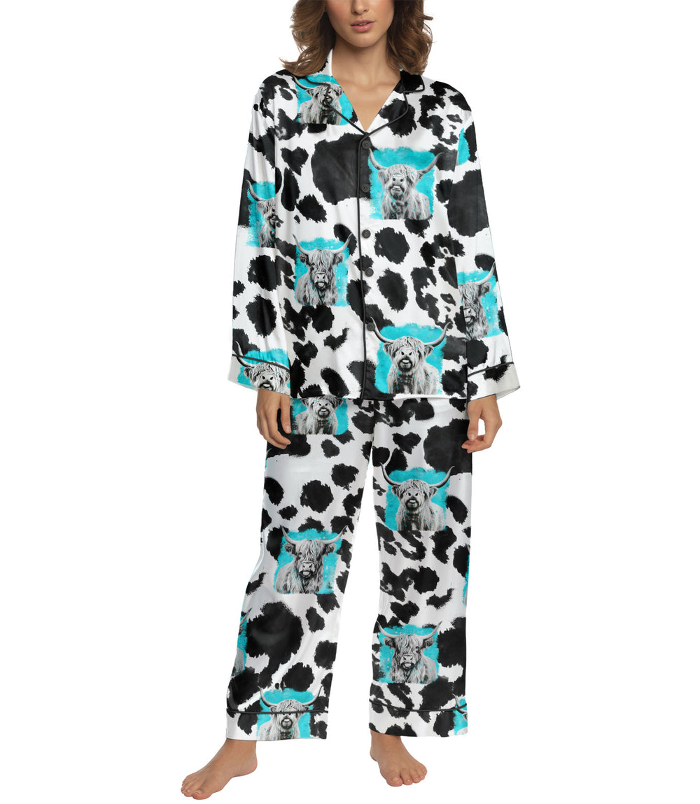 Cow Women's Satin Pajama Set – Long Sleeve & Pants