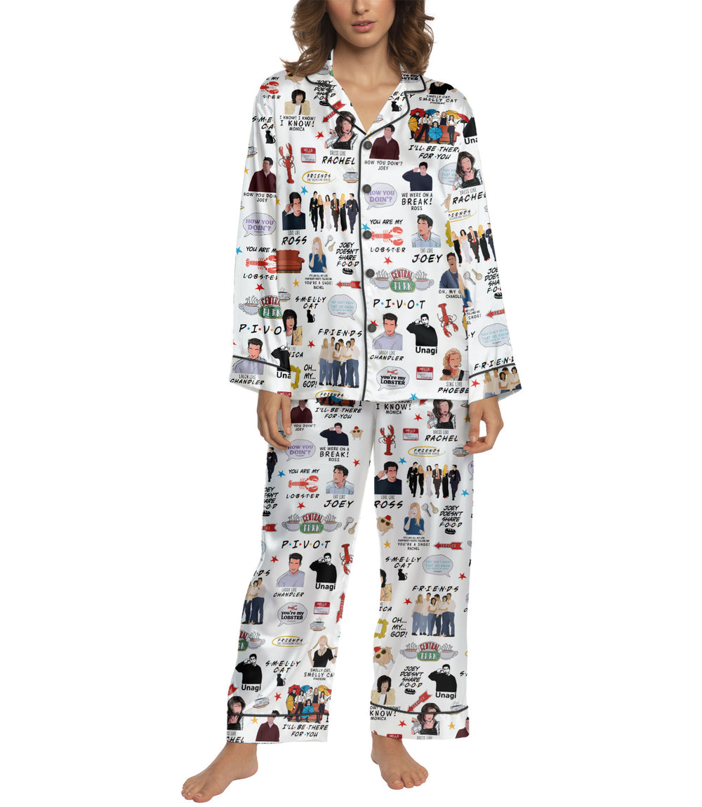 How You Doin Sitcom Quote Collage Women’s Satin Pajama Set – Long Sleeve & Pants
