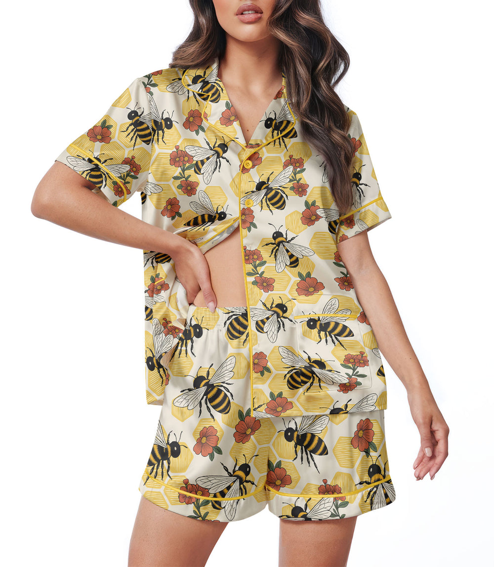 Bee Women's Satin Pajama Set – Short Sleeve & Shorts